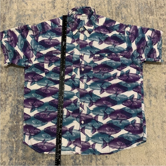 Vintage Guess Mens All Over Fish Print Cotton Short Sleeve Button Shirt XL USA - Picture 4 of 7